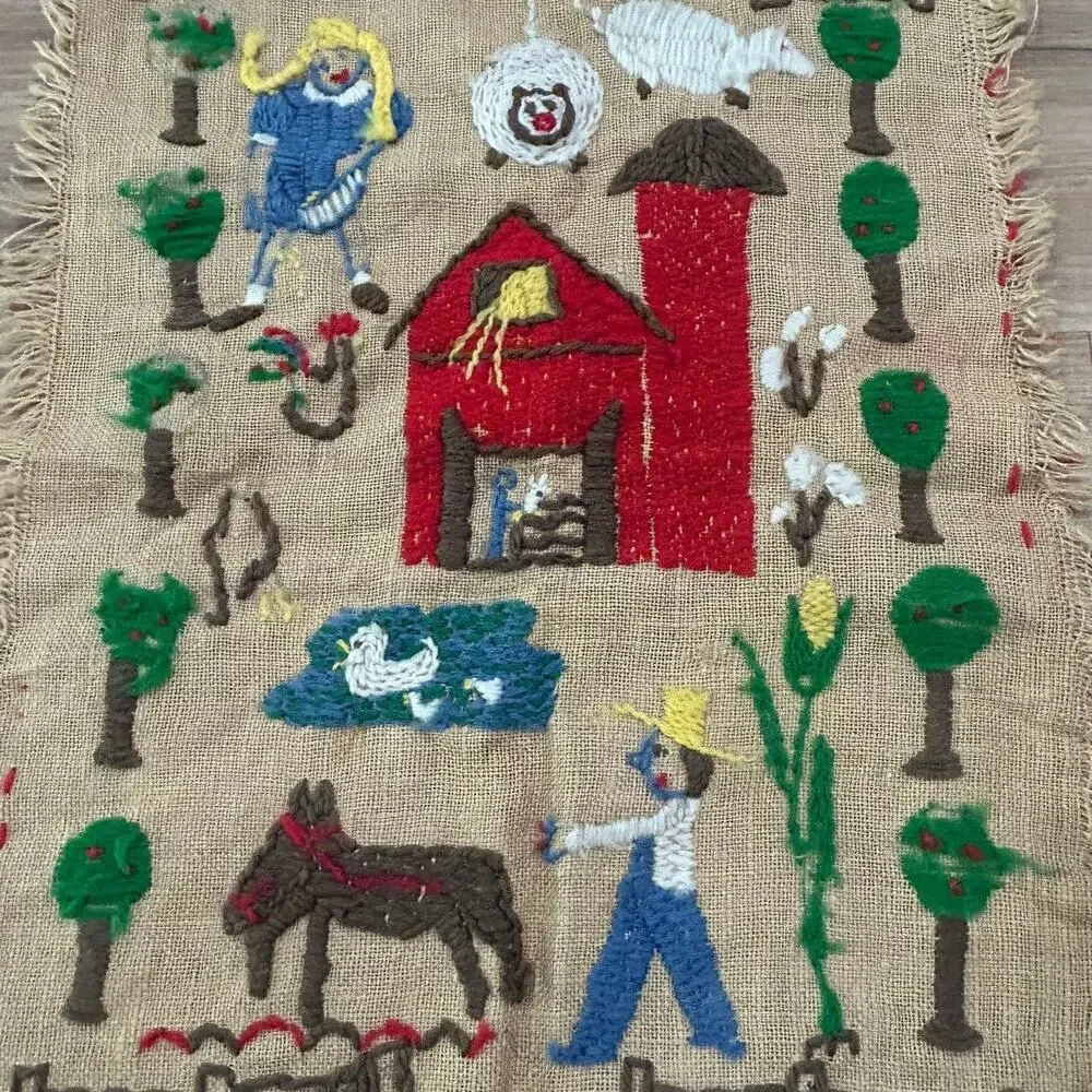Vintage 1950s Handmade Primitive Farm Folk Art Embroidered Burlap Wall Hanging -